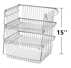 blitzlabs 와이어 보관 바구니 쌓을 수 있는 정리함 보관 바구니 통 식료품 저장실, 주방, 옷장, 욕실, 캐비닛, 주방용 손잡이가 있는 견고한 금속 정리함, 3개 세트
