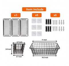 3 세트 걸이형 와이어 바구니, 벽걸이형 과일 바구니, 드릴링 없음, 접착식 소형 금속 바구니, 농가 식품 저장용 메쉬 빈 주방 식료품 저장실 세탁실 욕실 옷장 차고 RV, 블랙