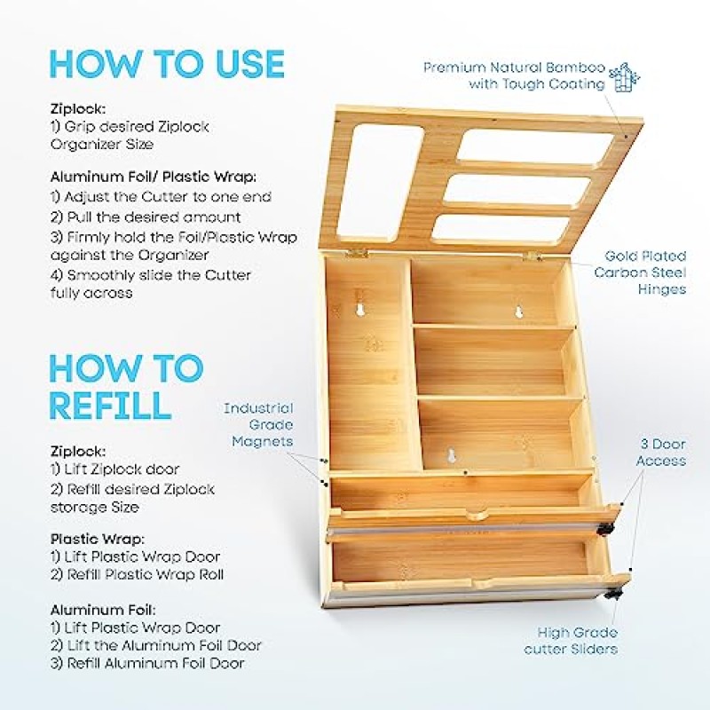 파스텔 AE 대나무 지플락 가방 정리함, 주방 서랍용 6 IN 1 호일 및 플라스틱 랩 정리함, 커터가 포함된 플라스틱 랩 디스펜서, 식료품 저장실 정리함 및 갤런, 쿼트, 샌드위치, 스낵용 보관함.