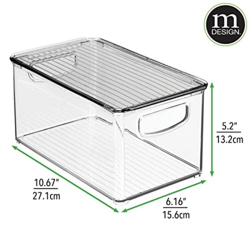 mDesign 뚜껑과 손잡이가 내장된 플라스틱 깊은 보관함 박스 용기 - 주방 식료품 저장실, 캐비닛, 찬장, 라인 컬렉션의 과일, 스낵 또는 음식 정리, 6팩, 투명/스모크 그레이