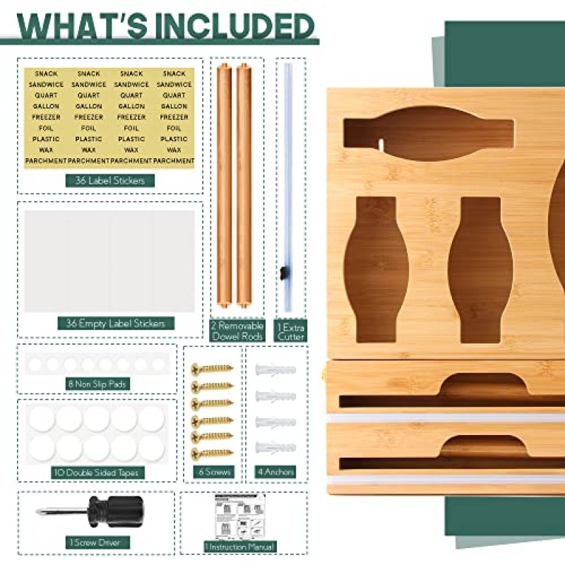TRENDYYA 6in1 서랍 및 벽용 지플락 가방 정리함, 서랍 및 호일용 가방 정리함 및 12.5인치 갤런, 쿼트, 스낵, 샌드위치 가방 및 랩 롤용 플라스틱 랩 정리함