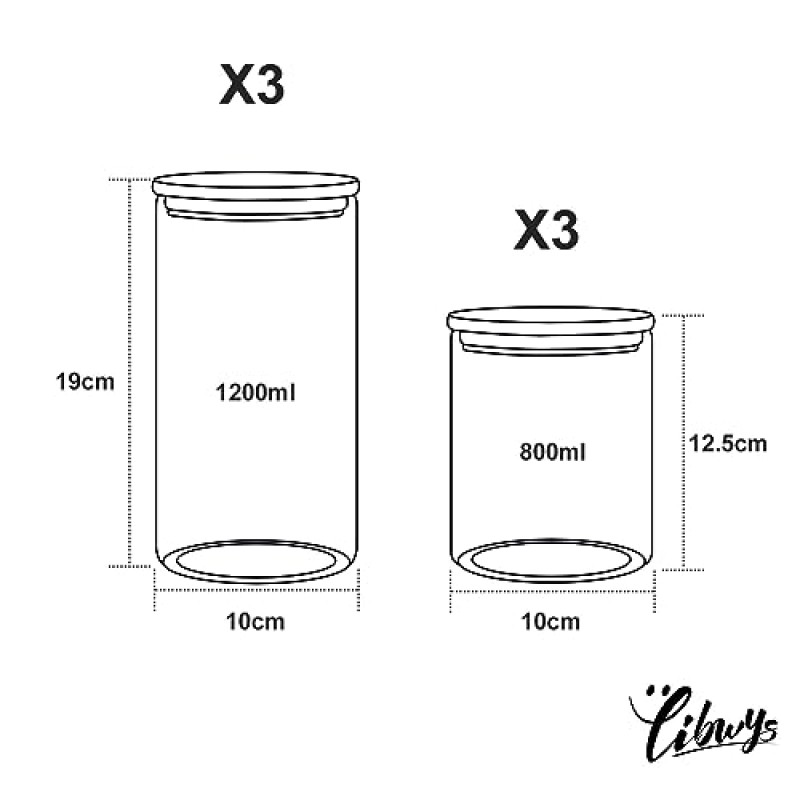 LIBWYS 주방 유리 용기 세트(보관용 대나무 뚜껑 포함), 밀폐 유리 용기 6개 세트, 대용량 및 식기세척기 사용이 가능한 주방 카운터용 방습 식품 용기(202온스)