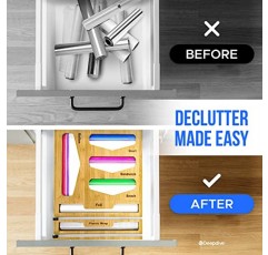 Deepdive 지플락 가방 정리함 및 커터가 포함된 플라스틱 랩 디스펜서, 주방 서랍용 6 IN 1 대나무 호일 및 플라스틱 랩 정리함, 갤런, 쿼트, 샌드위치, 스낵용 지플락 가방 보관 정리함