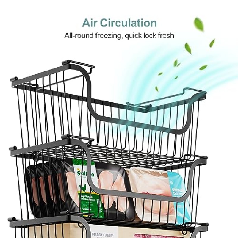 iSPECLE 냉동고 정리함 - 보관함 냉동고용 냉동고 바구니 4팩 접이식 손잡이로 쌓을 수 있는 냉동고 정리함 제거가 용이 냉동고 내부에 정리정돈 유지, 검정색