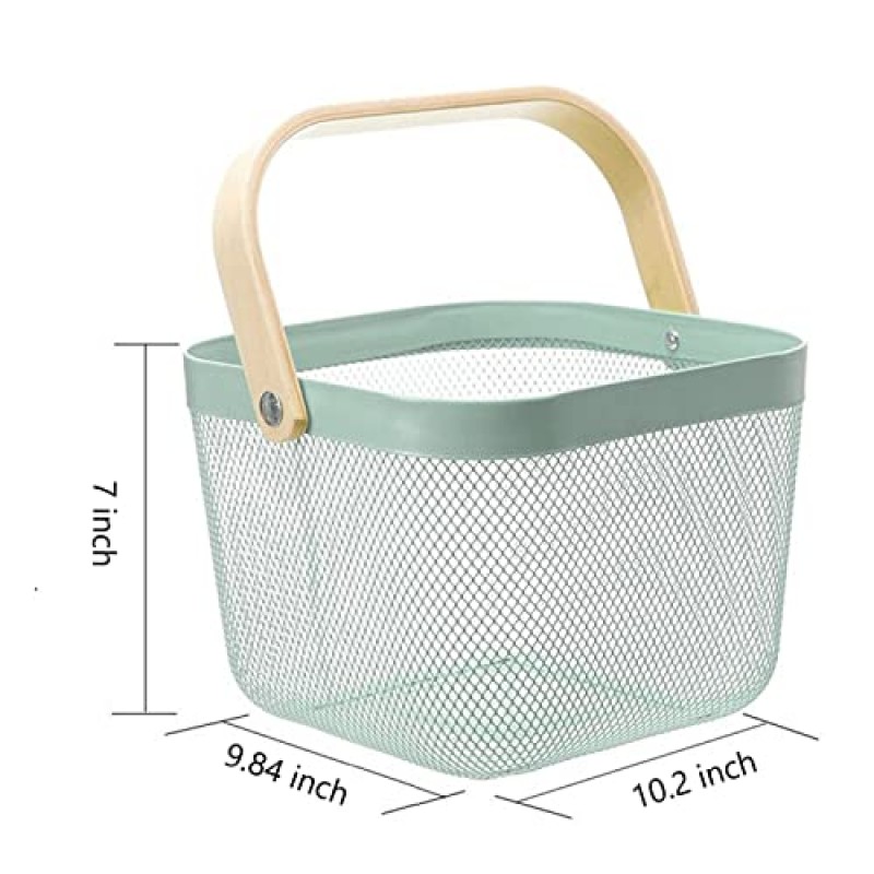 HOJKMA 메쉬 스틸 보관 정리 바구니, 다기능 금속 와이어 교수형 주방 바구니 대나무 손잡이가 있는 과일 바구니 주방, 욕실, 식료품 저장실, 캐비닛 홈, 쇼핑, 녹색에 이상적
