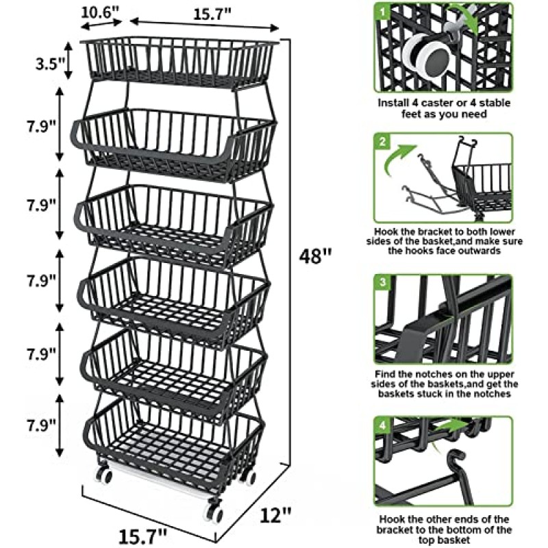 과일 및 야채 보관 - 부엌 바닥용 6단 과일 바구니 스탠드, 농산물 저장실 야채 정리용 바퀴가 달린 금속 와이어 보관 백