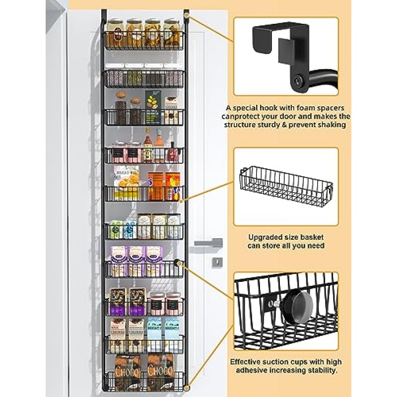 Egepon 10단 문 위 식료품 저장실 정리함, 문 위 정리함 및 보관함(10개의 전체 바구니 포함), 걸이식 수납 문 정리 주방 스파이스 랙, 욕실 위 문 정리함(검은색)