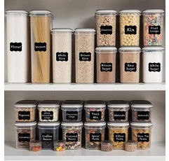 Shazo 최대 52개 식품 보관 용기 세트(26개 용기 세트) 밀폐형 건조 식품 공간 절약 장치(교환식 뚜껑 포함), 계량 컵 14개 + 스푼, 라벨 + 마커 - 뚜껑 하나로 모두 사용 가능 - 재사용 가능
