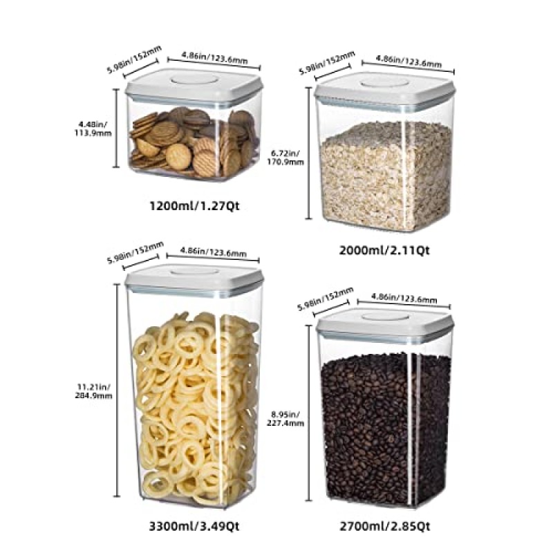 EQI 12피스 팝 밀폐 식품 저장 용기 주방 식료품 저장실 정리용 뚜껑 포함 세트 - 시리얼, 스낵, 밀가루, 설탕, 커피, 스파게티(1.2, 2.0, 2.7, 3.3qt)용 쌓을 수 있는 용기*3