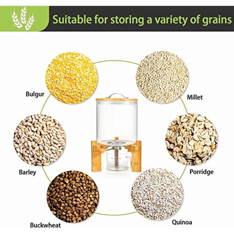 나무 스탠드, 밀가루 및 설탕 용기가 포함된 유리 밥 디스펜서 식품 저장실 정리 및 보관을 위한 유리 계량컵이 포함된 디스펜서 쌀, 콩, 분쇄 커피용 밀폐 대나무 뚜껑(5L)