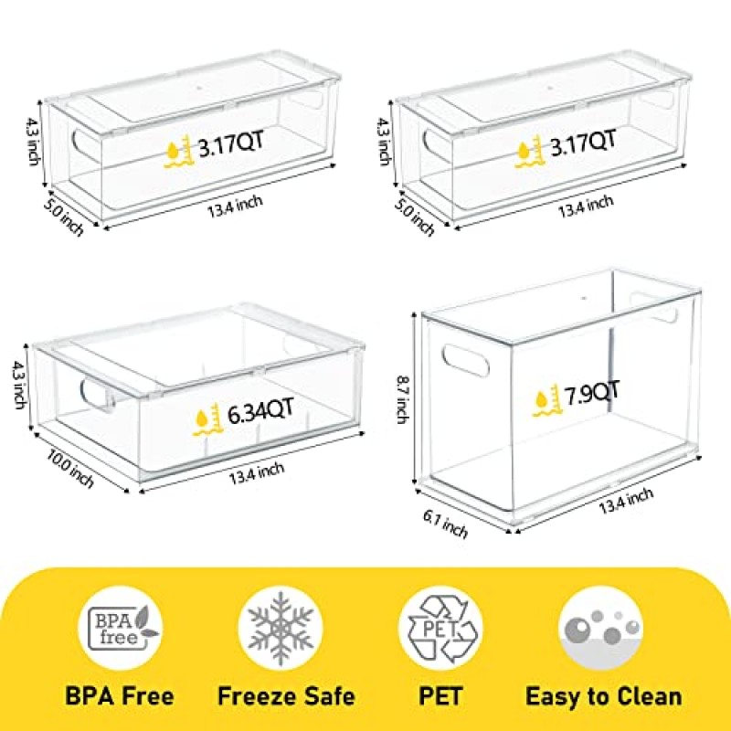 Greenby 4팩 냉장고 정리함(인출식 서랍 포함) 쌓을 수 있는 투명 냉장고 서랍 정리함 주방 식료품 저장실 조직용 과일 야채 보관 용기(대형 1개 + 높이 1개 + 소형 2개)