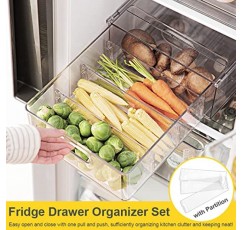 Greenby 4팩 냉장고 정리함(인출식 서랍 포함) 쌓을 수 있는 투명 냉장고 서랍 정리함 주방 식료품 저장실 조직용 과일 야채 보관 용기(대형 1개 + 높이 1개 + 소형 2개)