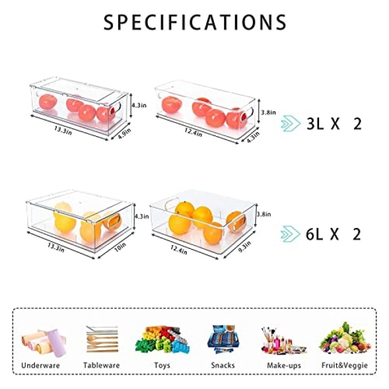 MineSign 4팩 쌓을 수 있는 냉장고 정리함 과일 및 채소용 인출식 서랍 냉장고용 보관 정리함 손잡이가 있는 투명 서랍 용기 농산물 보관용 분리 정리함