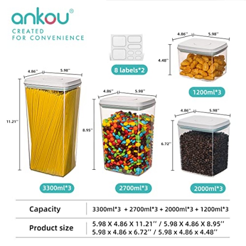 주방 식료품 저장실용 뚜껑이 있는 팝 밀폐 식품 저장 용기 시리얼 스낵용 쌓을 수 있는 용기 정리 밀가루 설탕 커피 스파게티 -12 Pcs(1.2, 2.0, 2.7, 3.3qt)*3