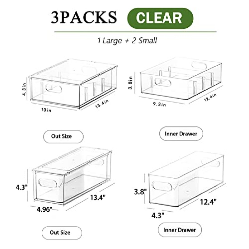 Bealy 3 팩 냉장고 정리함(인출식 서랍 포함), 냉장고 서랍 투명 쌓을 수 있는 보관함 냉동고, 냉장고, 냉장고 정리, 주방 정리 및 보관용 컨테이너