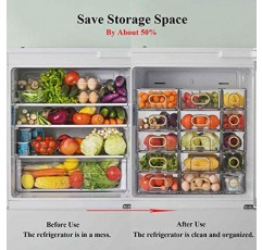 UNIKON 6 PCS 냉장고 보관 상자 냉장고 정리, 쌓을 수 있는 플라스틱 보관 서랍 냉장고 정리함 냉장고용 정리함(금색 손잡이, 서랍 3개 및 큐브 3개)