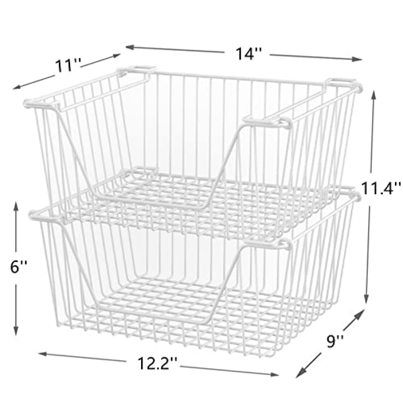 Slideep 14' 대형 금속 와이어 보관 주최자 빈 바구니 농가 장식 식료품 저장실용 쌓을 수 있는 보관 주최자 홈 욕실 주방 조직 화이트 - 6 팩