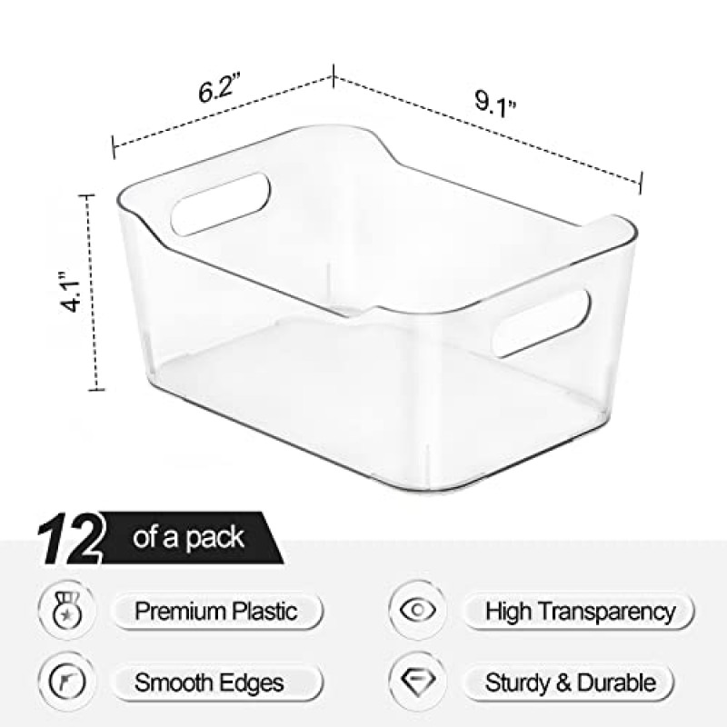 LANDNEOO [ 12 팩 ] 정리용 투명 상자 + 8개 세트, 탈착식 칸막이가 있는 쌓을 수 있는 투명 상자 - 식료품 저장실 음식 스낵 정리 및 보관 - 다목적 플라스틱 홈 정리함