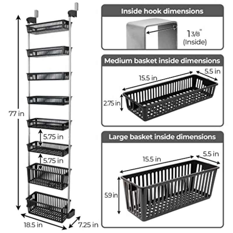보관을 위한 스마트 디자인 오버더 도어 정리함 - 식료품 저장실 정리, 침실, 욕실 보관, 놀이방 또는 주방에 적합 - 조절 가능한 강철 프레임(바구니 8개 및 벽걸이 포함) - 검정색
