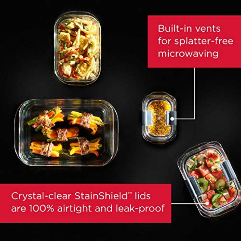 Rubbermaid Brilliance Glass Storage 3.2컵 식품 용기, 미디엄, 투명, 4팩 및 6피스 식품 보관용 뚜껑이 있는 냉장고용 생산 보호 용기, 식기세척기 사용 가능, 투명/녹색