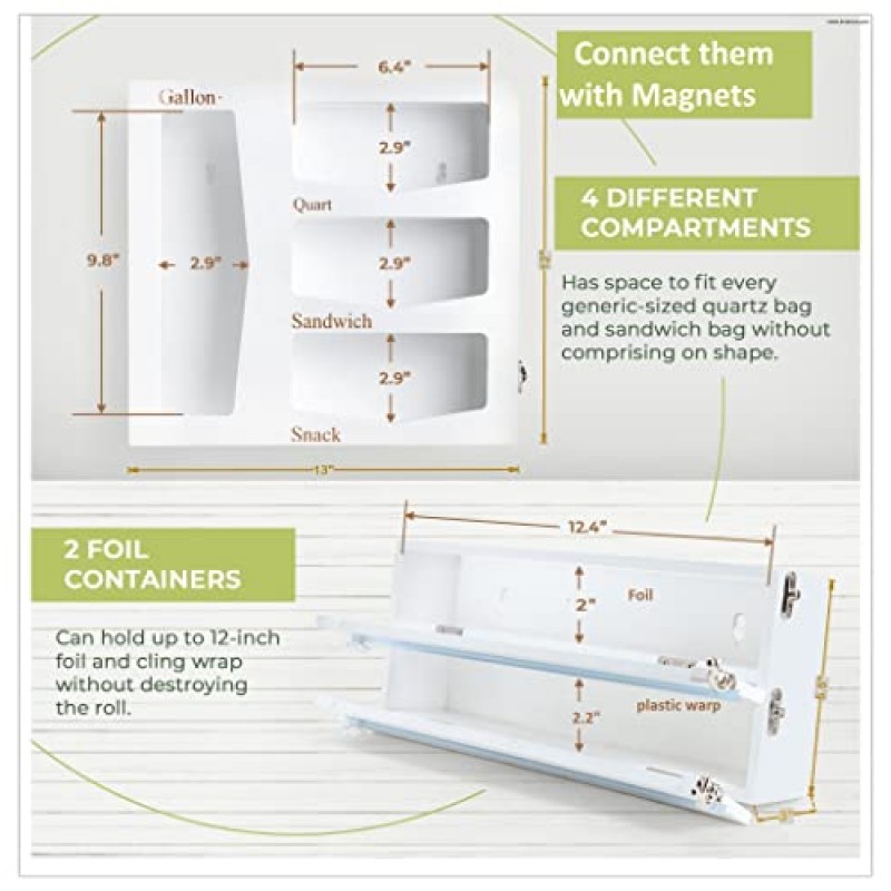 지플락 가방 보관 정리함, 커터가 있는 호일 및 플라스틱 랩 디스펜서, 갤런, 쿼트, 샌드위치 및 스낵 크기용 지퍼 잠금 정리함, 주방 서랍용 대나무 샌드위치 가방 정리함