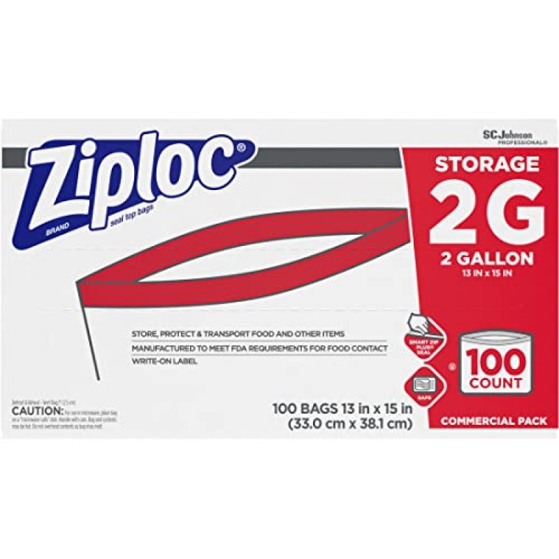 Ziploc 94604 이중 지퍼 냉동고 가방, 1gal, 2.7mil, 투명 라벨 패널 포함(250개 케이스) 및 보관 가방, 식품 정리 및 보관용, 이중 지퍼, 2갤런, 100개