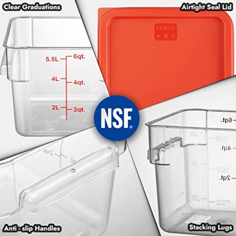 CURTA 4팩 빨간색 뚜껑이 있는 식품 보관 용기 - NSF 상업용 등급(6.0Qt) - 정사각형, 투명, 폴리카보네이트