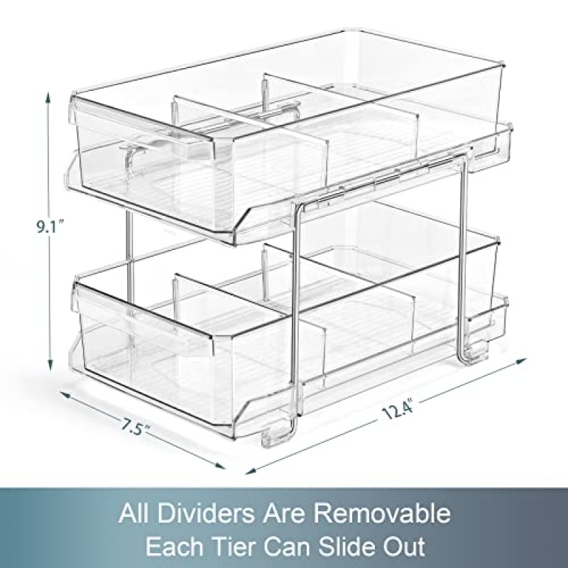 LANDNEOO 2세트, 칸막이가 있는 2단 투명 정리함 + 8개 세트, 탈착식 칸막이가 있는 쌓을 수 있는 투명 상자 - 식료품 저장실 음식 스낵 정리 및 보관 - 다목적 플라스틱 홈 정리함