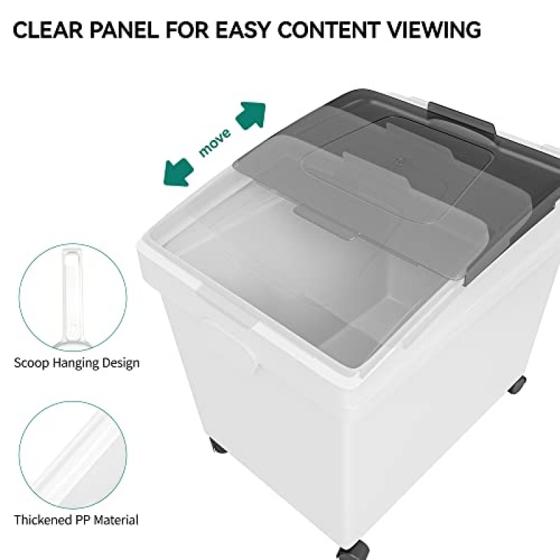 YITAHOME 재료 보관통, 31.5갤런(10.5갤런 x3개) 용량 선반 재료통, 750컵 바퀴가 있는 밀가루통 검정색 투명 슬라이딩 뚜껑과 국자가 있는 상업용 보관함, 흰색