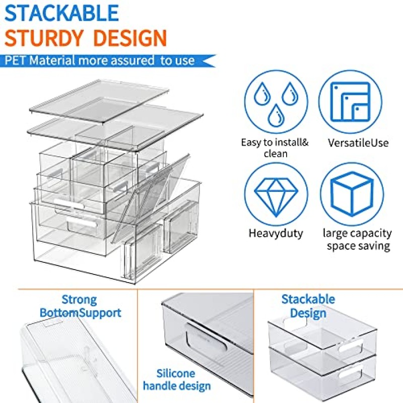 vacane Good Grips 뚜껑이 있는 8피스 냉장고 정리 세트, 손잡이가 있는 쌓을 수 있는 냉장고 서랍 정리함, 냉장고 보관함 스타터 세트