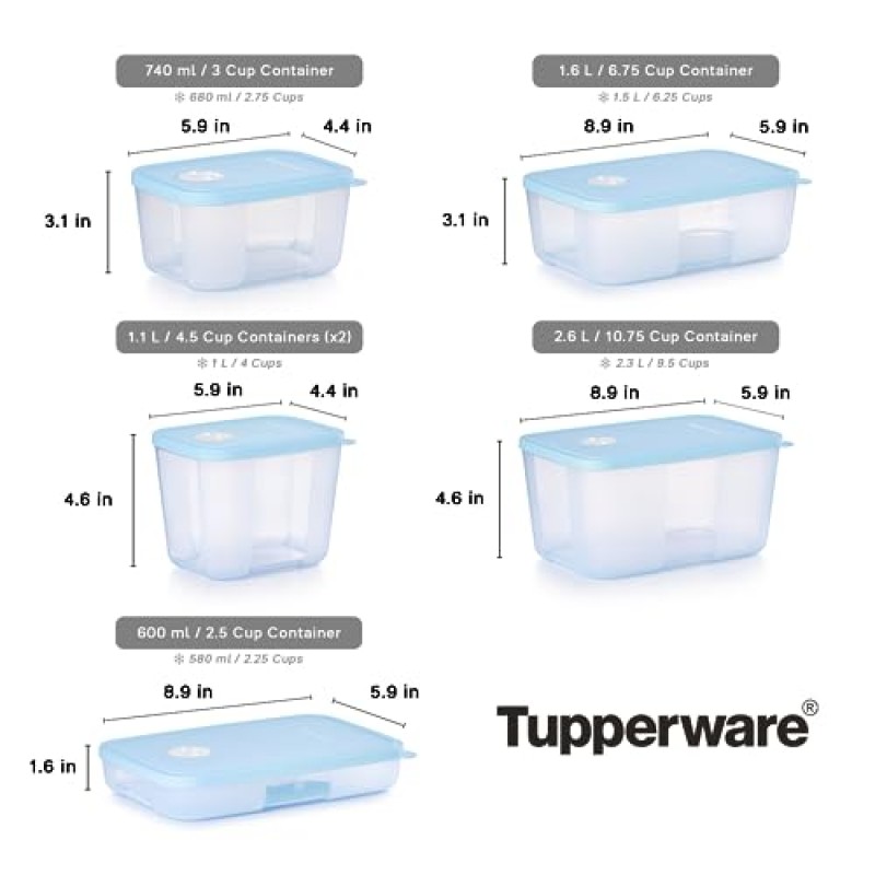 Tupperware Date, Store & Freeze Collection 12피스 식품 보관 용기 세트 - 식기세척기 사용 가능 및 BPA 없음 - (용기 6개 + 뚜껑 6개)