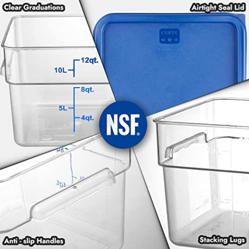CURTA 4팩 파란색 뚜껑이 있는 식품 보관 용기 - NSF 등록 상업 등급(12.0Qt) - 정사각형, 투명, 폴리카보네이트