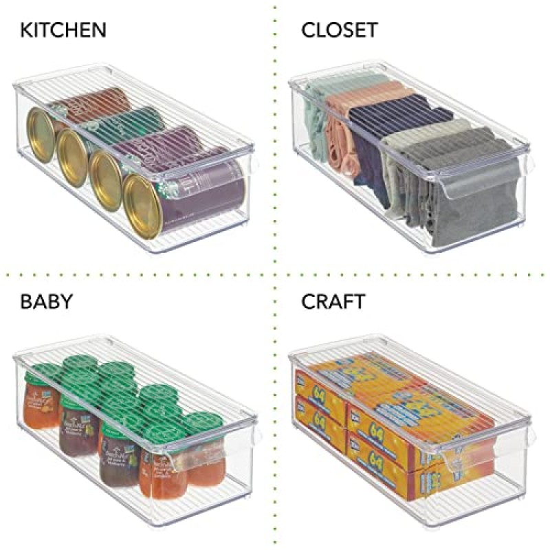 주방, 식료품 저장실, 캐비닛, 냉장고 및 냉동고용 뚜껑과 전면 손잡이가 있는 mDesign 슬림형 플라스틱 식품 보관 용기 통 - 스낵, 농산물, 야채, 파스타, 음료용 정리함 - 8팩 - 투명