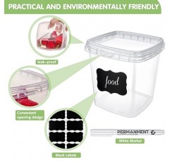 Jinei 50 Pcs 뚜껑이 있는 플라스틱 델리 용기 명확한 사각형 식품 저장 용기 주방 보관을 위한 9개의 라벨과 마커가 있는 뚜껑이 있는 쌓을 수 있는 밀폐형 사각형 용기 식사 테이크 아웃(64oz)