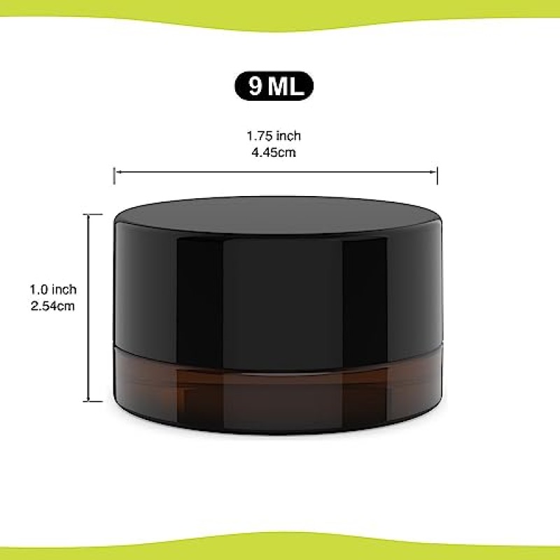 (200 팩) 검은색 어린이 방지 뚜껑이 있는 9ml 두꺼운 호박색 유리 항아리 - 자외선 방지 - 오일, 왁스, 립밤, 화장품 보관 - 어린이 보호 용기