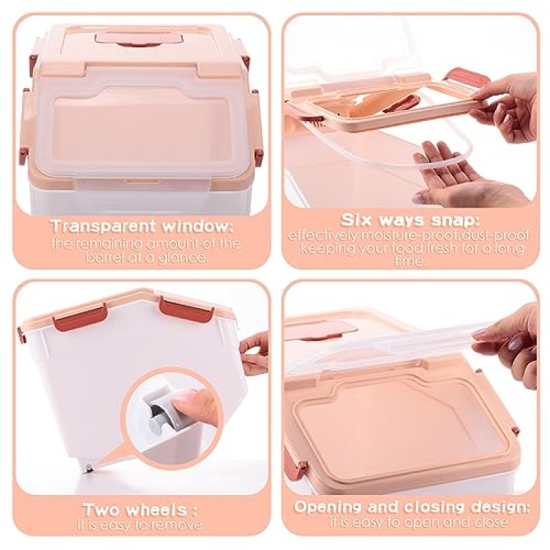 Umigy 4 Pcs 측정 컵이 포함된 쌀 저장 용기 20lbs 밀폐형 밀가루 곡물 시리얼 설탕 저장 용기 잠금 뚜껑과 바퀴 포함 플라스틱 밀가루 상자 애완동물 식품 용기 세트(밝은 갈색)