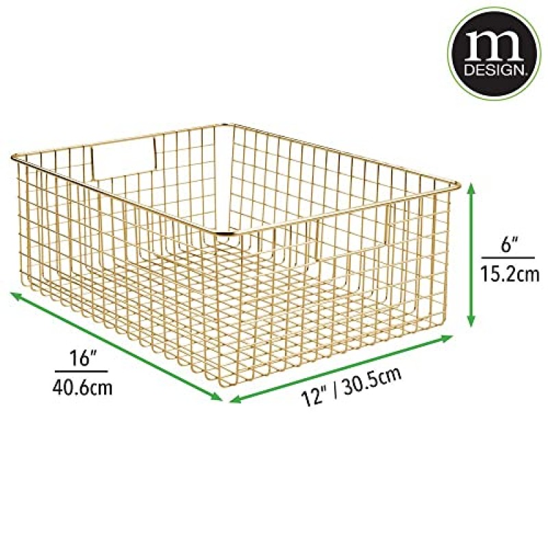 주방 캐비닛, 식료품 저장실 선반, 욕실, 세탁실, 옷장, 차고 정리용 손잡이가 있는 mDesign 금속 와이어 식품 보관 바구니 정리함 - 콘체르토 컬렉션 - 4팩 - 부드러운 황동