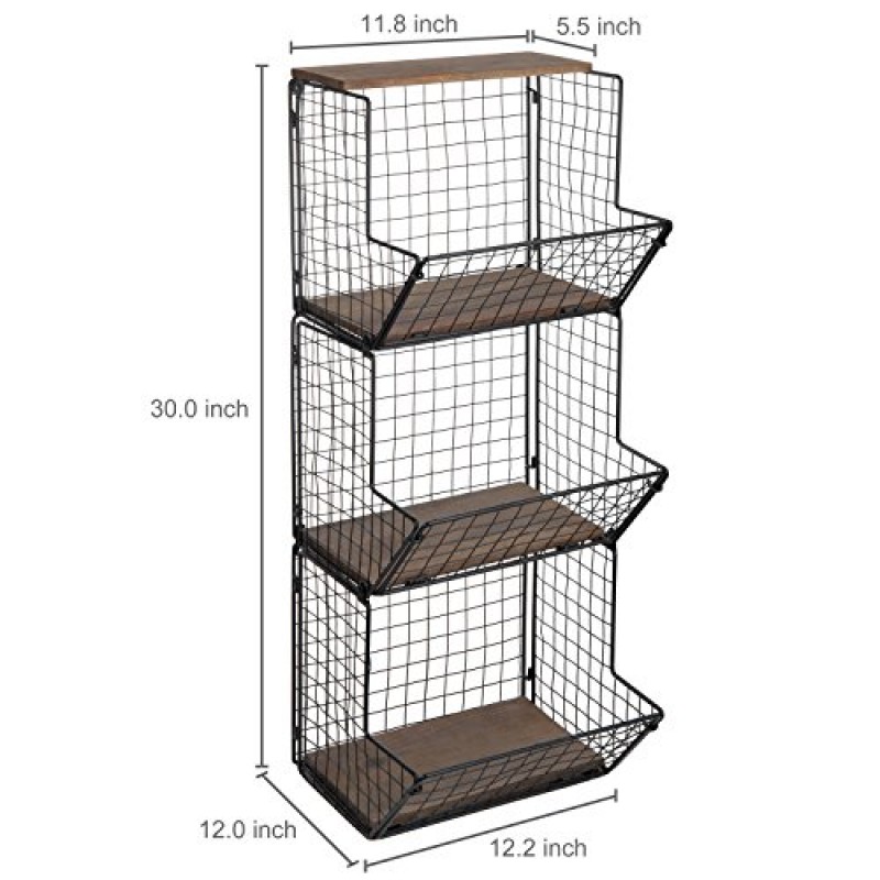 MyGift 3단 벽걸이형 검은색 금속 와이어 걸이형 주방 바구니, 주방 과일, 목재 베이스가 있는 농산물 및 보관함
