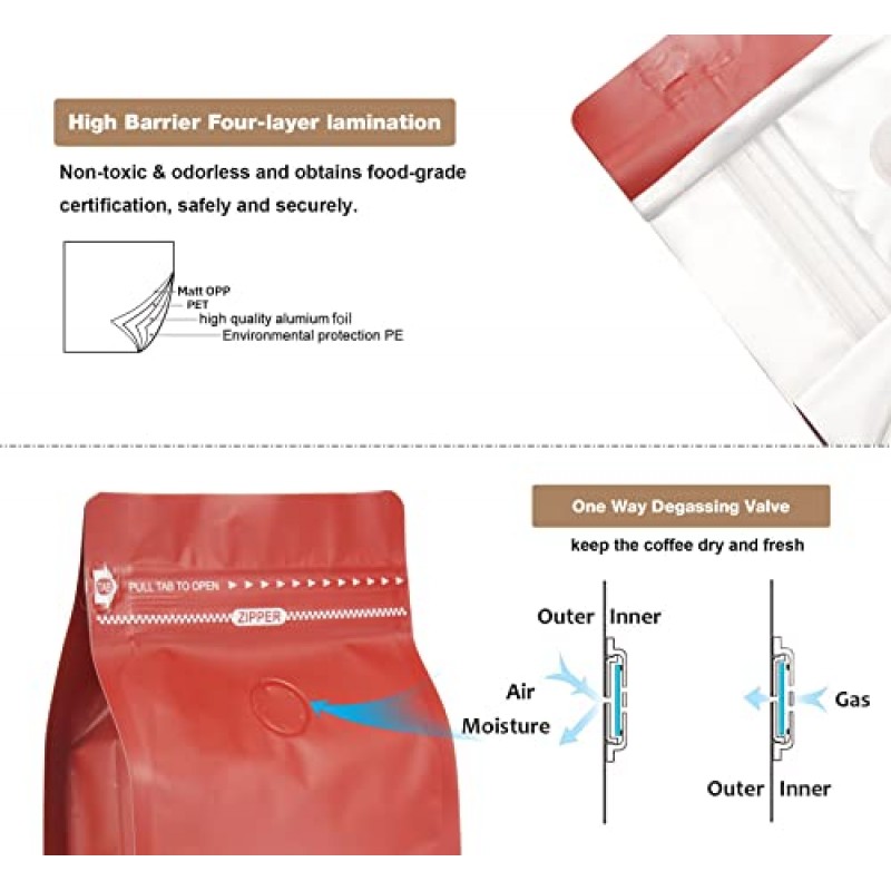 100개 12온스 레드 커피백(알루미늄 호일 라이너 포함), 높은 배리어 커피 파우치(가스 제거 밸브 포함), 풀 테이프가 포함된 지플락 식품 보관 백, 100팩, 12온스/0.75파운드/340그램
