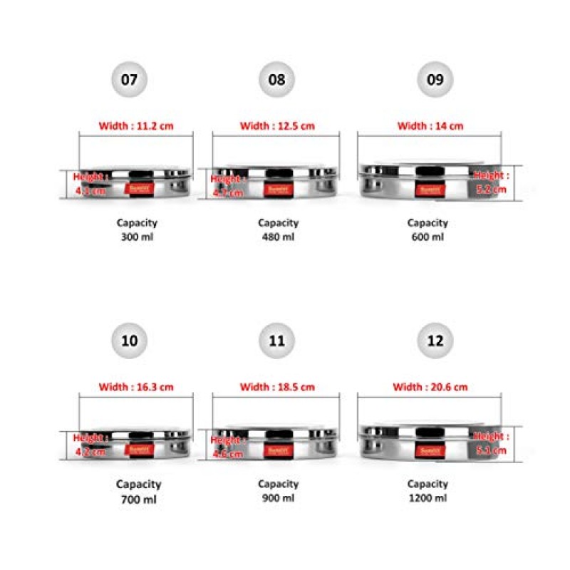 Sumeet 스테인레스 스틸 초콜릿 플랫 슬림 N 매끄러운 용기/Puri Dabba/보관 용기 6개 세트 풀 세트(No.7-300ML, No.8-480ML, No.9-600ML, No.10-700ML, No.11-900ML) , No.12-1200ML)