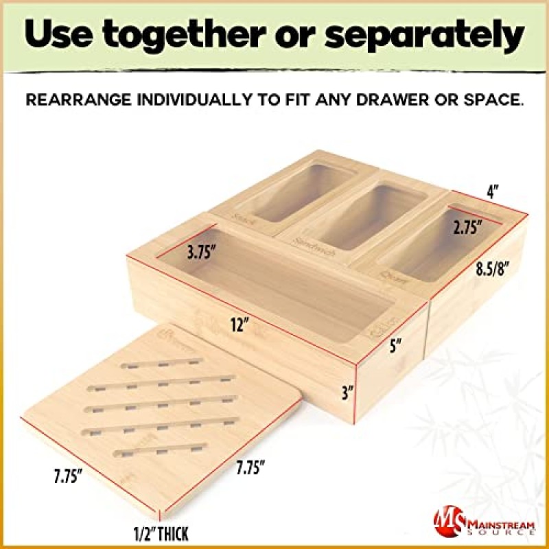 Mainstream Source® 대나무 지퍼백 정리 세트 - 확장 커터 및 라벨이 포함된 대나무 삼발이 및 대나무 랩 디스펜서가 포함된 가방 정리함 세트, 호일, 양피지 또는 왁스 종이 홀더로 작동(2 PC)