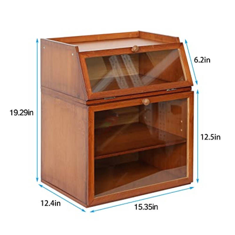 X-cosrack 대형 이중 분리형 대나무 빵 상자 보관함(투명한 창 및 주방 조리대용 조절 가능 칸막이 포함), 빨간색