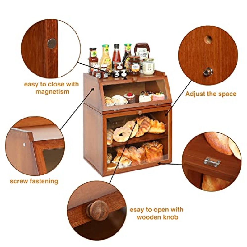 X-cosrack 대형 이중 분리형 대나무 빵 상자 보관함(투명한 창 및 주방 조리대용 조절 가능 칸막이 포함), 빨간색