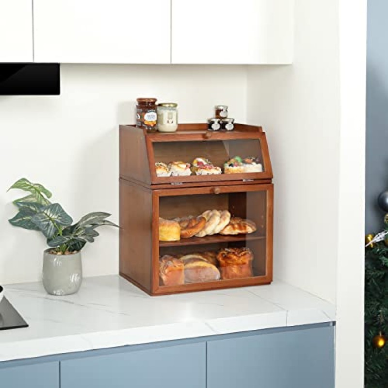 X-cosrack 대형 이중 분리형 대나무 빵 상자 보관함(투명한 창 및 주방 조리대용 조절 가능 칸막이 포함), 빨간색