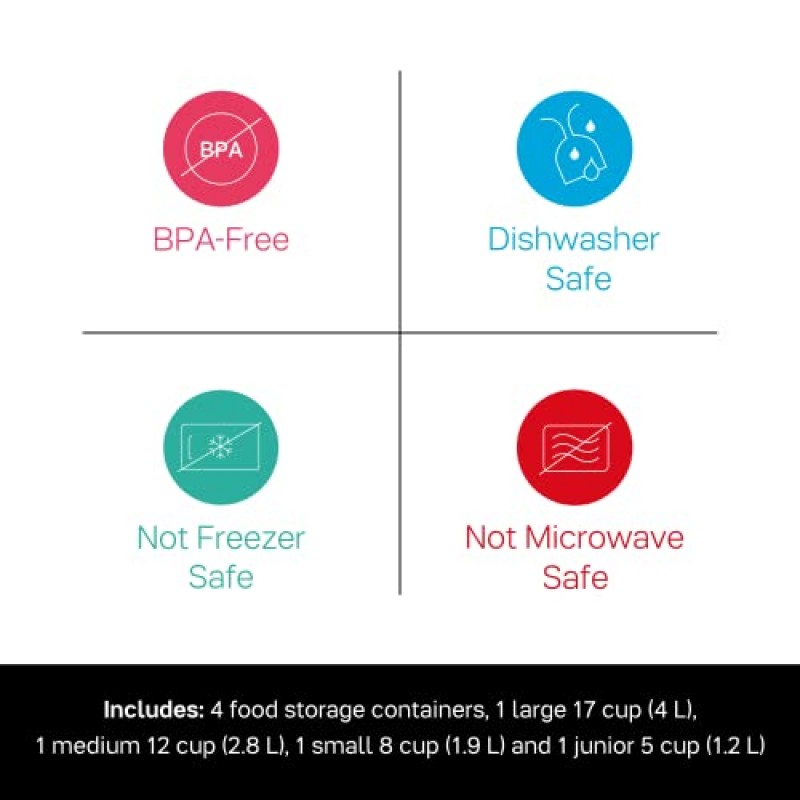Tupperware 브랜드 8피스 원터치 알림 캐니스터 세트(건조 식품 보관 용기 4개 + 뚜껑 4개) - 블랙 - 밀폐, 식기세척기 사용 가능 및 BPA 없음