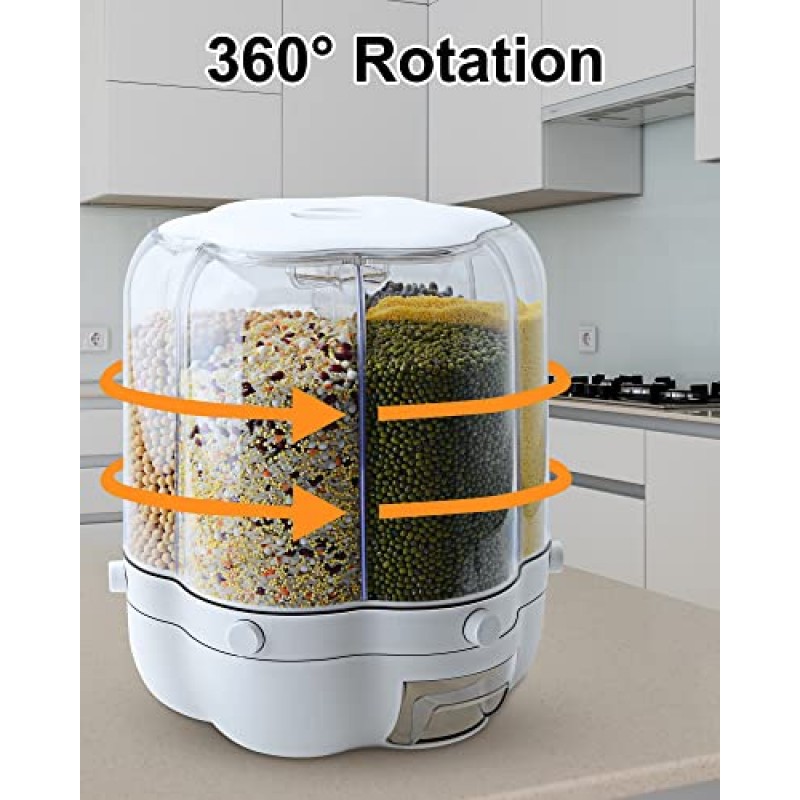 WOWFUNNY 곡물 디스펜서, 11Qt 회전식 저장 용기, 주방용 작은 곡물, 콩, 쌀(11Qt)용 계량 컵이 있는 6칸 건조 식품 디스펜서