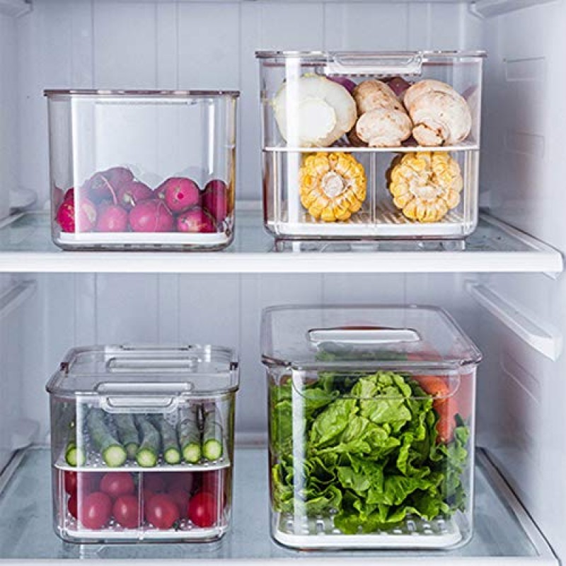 Elabo 식품 저장 용기 냉장고 생산 보호기, 냉장고용 계란 홀더, 쌓을 수 있는 냉장고 정리함 키퍼 서랍통, BPA 프리, 탈착식 배수 트레이가 있는 투명
