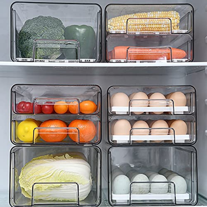 Elabo 식품 저장 용기 냉장고 생산 보호기, 냉장고용 계란 홀더, 쌓을 수 있는 냉장고 정리함 키퍼 서랍통, BPA 프리, 탈착식 배수 트레이가 있는 투명