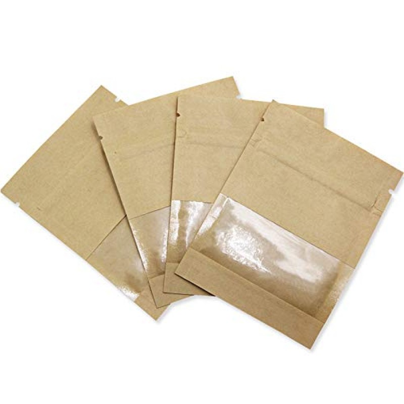 500 팩 3.5x5.1인치(내부 크기 3.1x3.9인치) 지퍼백용 투명 창 크래프트 종이 재밀봉 가능한 잠금 씰 식품 보관 가방 지퍼 잠금 장치 재밀봉 가능한 열 씰 파우치 커피 패킷