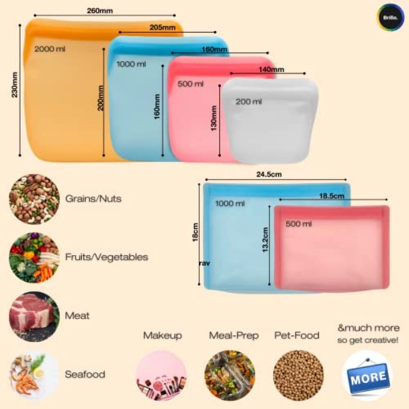 Brilloo 실리콘 재사용 가능한 식품 보관 가방, 번들 | 식사 준비 가방 |여행, 메이크업| 냉동고, 오븐, 전자레인지, 식기세척기 사용 가능, 누출 방지 용기 6팩(레인보우), 중형